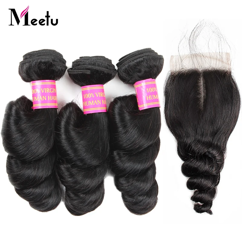 

Meetu Brazilian Loose Wave Bundles With Closure Non Remy Human Hair 3 Bundles with Closure Brazilian Hair Bundles with Closure