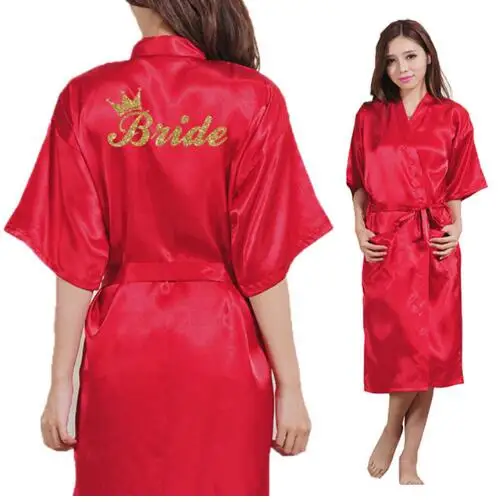 Bride Crown Team Bride Golden Glitter Print Long Section Kimono Robe Women Bachelorette Wedding Faux Silk Robe