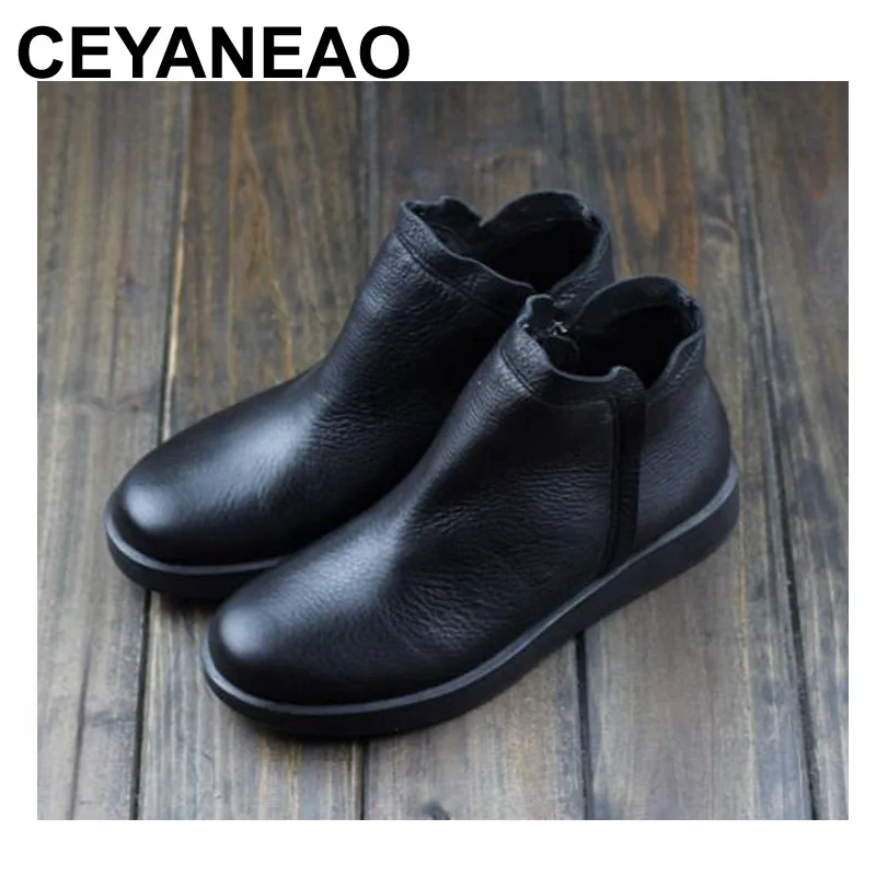 

CEYANEAO Womens Boots With/Without Fur Genuine Leather Flat Ankle Boots Anti-slip Rubber Sole Sping/Autumn/Winter Shoes (A2)