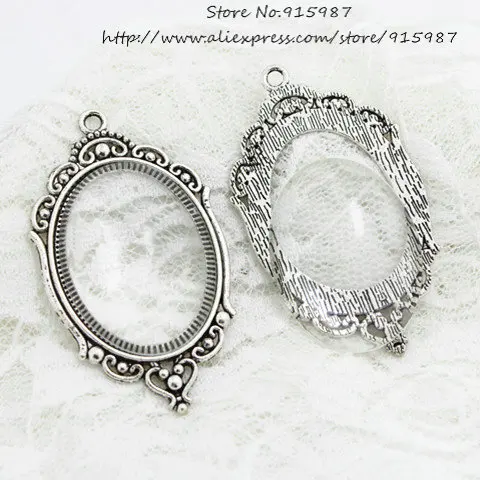 5pcs grand Argent Antique Creux Pendentif Pour 30 mm Round Cameo Cabochon Setting