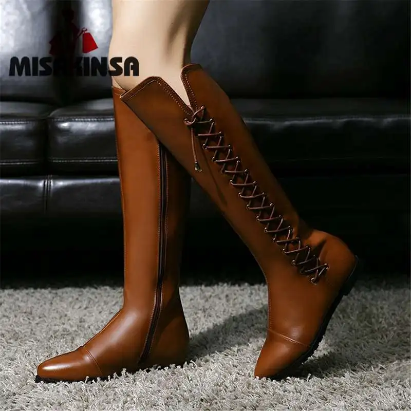 

MISAKINSA Size 33-43 Real Leather Women Knee High Boots Zipper Winter Square Heels Shoes Lace Up Women's Pointed Toe Cross Strap