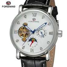 NEW ARRIVE! FORSINING FSG800M3S9 Moon phase Men automatic watch Silver color case &dial with stones black genuine leather