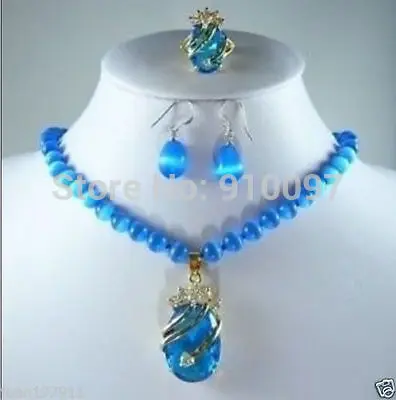 

LHX54015S>>>New blue opal necklace crystal pendant earring ring set