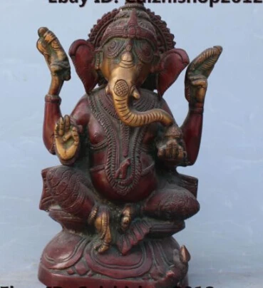 

JP S0114 10" Chinese Tibet Bronze Gilt 4 Arms Ganesh Elephant Mammon Buddha Mouse Statue