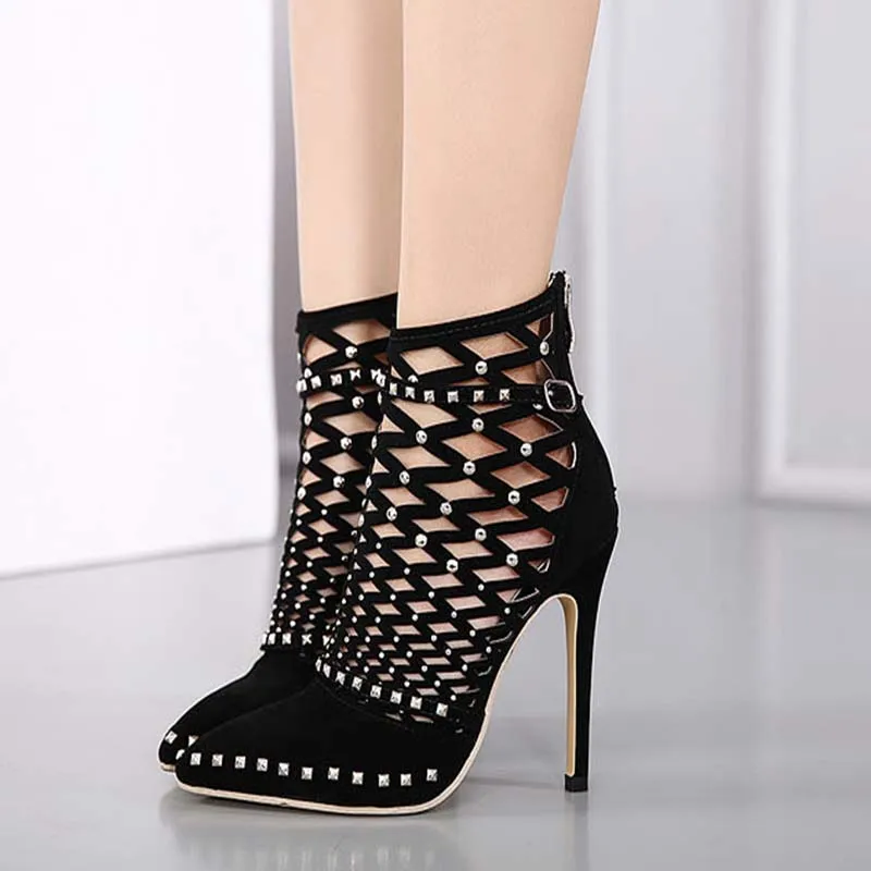 

2019 Summer Gladiator Sandals Spring Pointed Toe Rivets Studded Cut Out Caged Ankle Boots Stiletto Heel Women Shoes