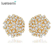 LUOTEEMI Champagne Gold Color Pure Clear AAA Cubic Zirconia Flower Big Stud Earrings for Women Luxury