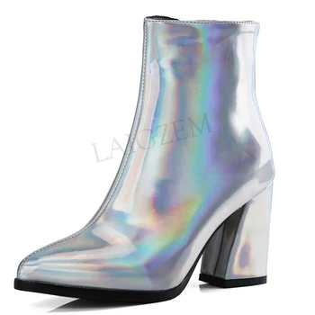 

LAIGZEM Patent Waterproof Women's Ankle Boots 2020 Chunky Heels Side Zip Short Boots Botas Feminina Bottes Small Big Size 32-43