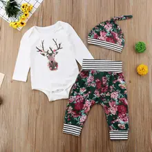 Рождественская одежда года для новорожденных, комплект из 3 предметов, детская одежда для малышки, боди с длинными рукавами с рисунком оленя+ длинные штаны с цветочным принтом+ шапочка для детей 0-24 месяцев