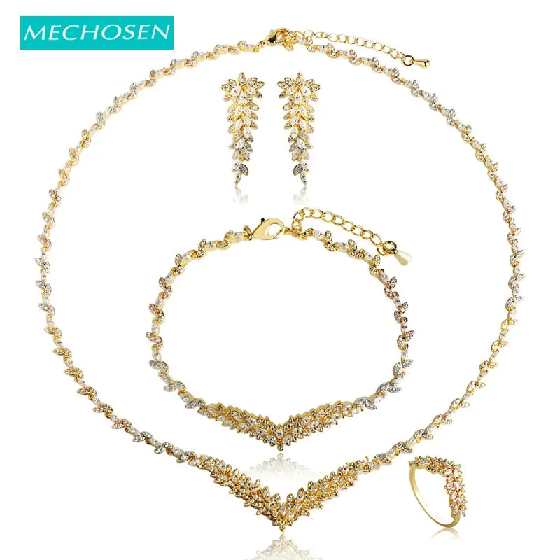 

MECHOSEN Romantic Women Wedding Party Jewelry Sets Prong Setting Crystals Gold Color Copper Necklace Earrings Bracelet Ring Set