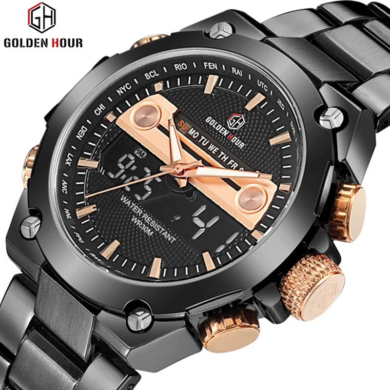 

GOLDENHOUR Famous Brand Men Fashion Sport Watches Men's Quartz Digital Analog Clock Full Steel Wrist Watch relogio masculino