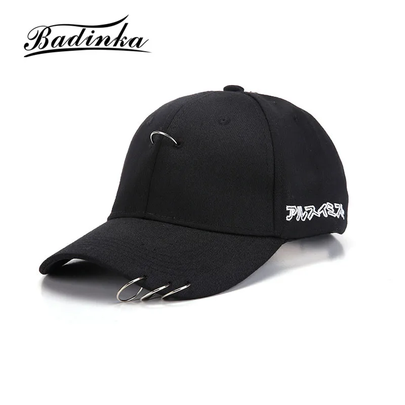 

Badinka New Unisex Korean Simple Cool Fashion Baseball Caps with Solid Ring Safety Pin for Women and Men Snapback Caps Casquette