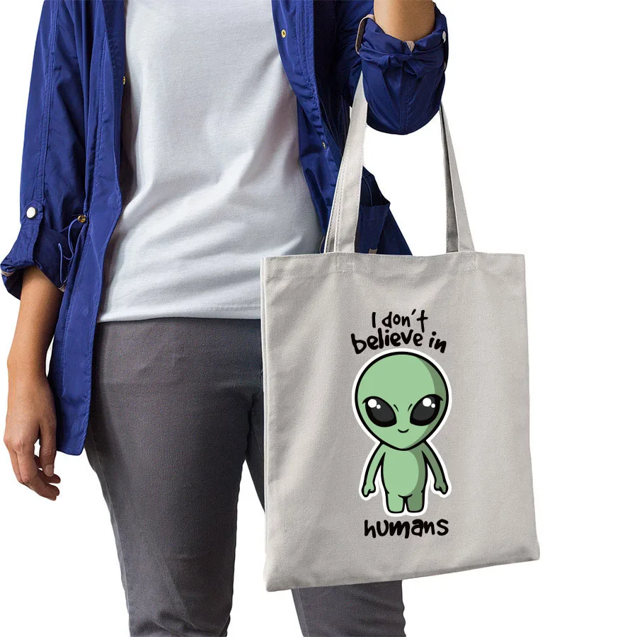 Alien хозяйственная сумка штормовая зона 51 UFO Evolution Don't Believe Human virtues дизайн мультфильм белые школьные дорожные сумки
