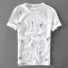 Camisa masculina bordada, camiseta de linho com manga curta, bordada, de algodão, elástica, casual, gola redonda