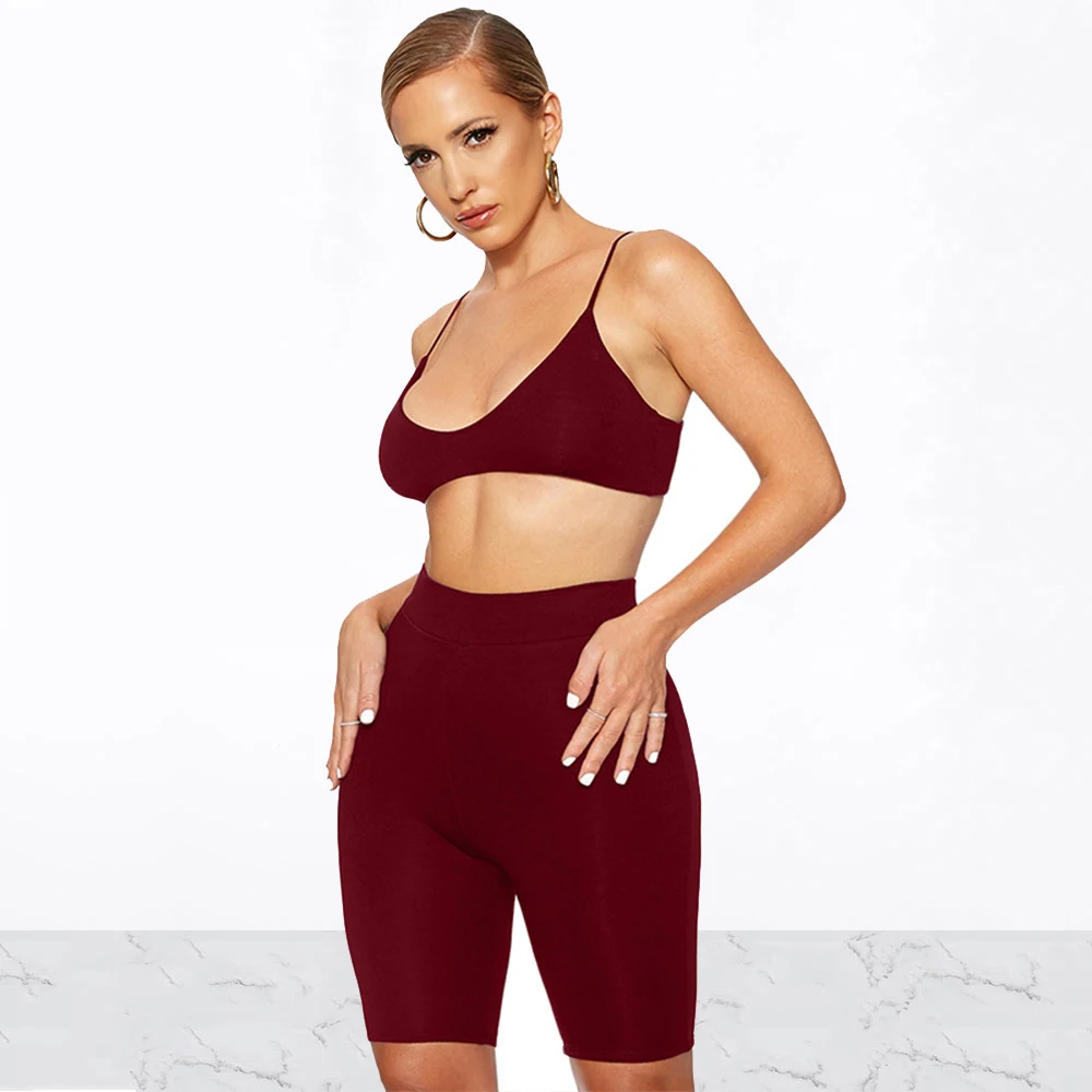 

Sexy Solid Spaghetti Strap Two Piece Set Sleeveless Backless Crop Top And High Waist Shinny Shorts Clubwear Tracksuits For Women