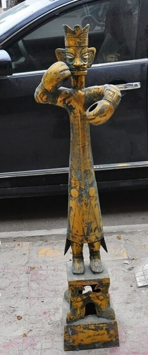 

007357 47"Ancient China Bronze Gilt Stand San Xing Dui Man Giant Statue Sculpture