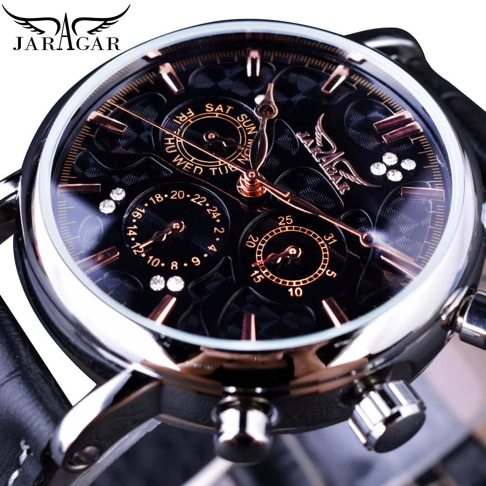 

JARAGAR Black 3 Dials Automatic Sport Date Day Display Analog Self-Wind Watch Mens Business Leather Mechanical relogio masculino