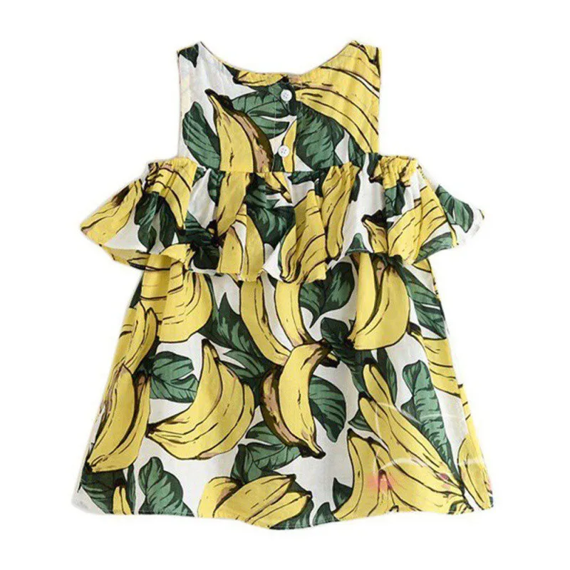 

New Fashion Style Summer Baby Girls Mini Dress Cotton Banana Print Tassel Cute Suitable Sleeveless Children Clothing