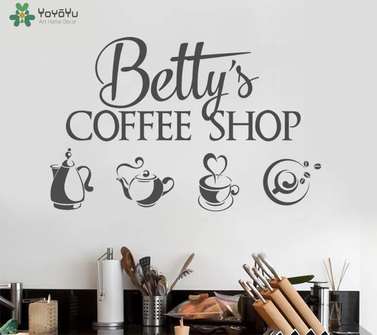 Kedai Kopi Modern Desain Dinding Personalized Nama Vinyl Dinding