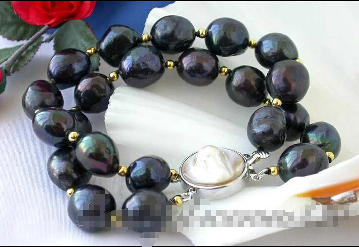 

z2550 2row 8" 14mm baroque black freshwater pearl bracelet Noble style Natural Fine jewe Fast (D) SHIPPING