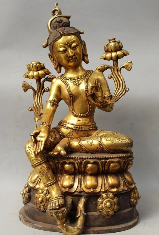 

xiuli 003532 27" Tibet Buddhism Bronze Gild Green Tara Mahayana Goddess Kwan-Yin Statue