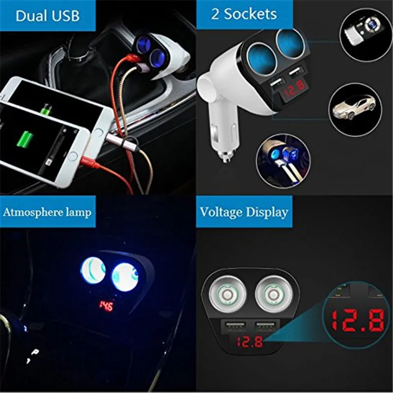 المزدوج USB سيارة مهايئ شاحن ولاعة السجائر 12-24 V الجهد عرض الهاتف شاحن ل huawei p20 p10 xiaomi Redmi الهاتف الذكي
