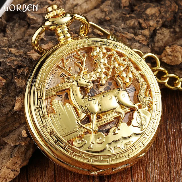 Luxury Golden Flower Deer Carving Design Mechanical Pocket Watch FOB Waist Chain Luxury Golden Flower Deer Carving Design Mechanical Pocket Watch FOB Waist Chain