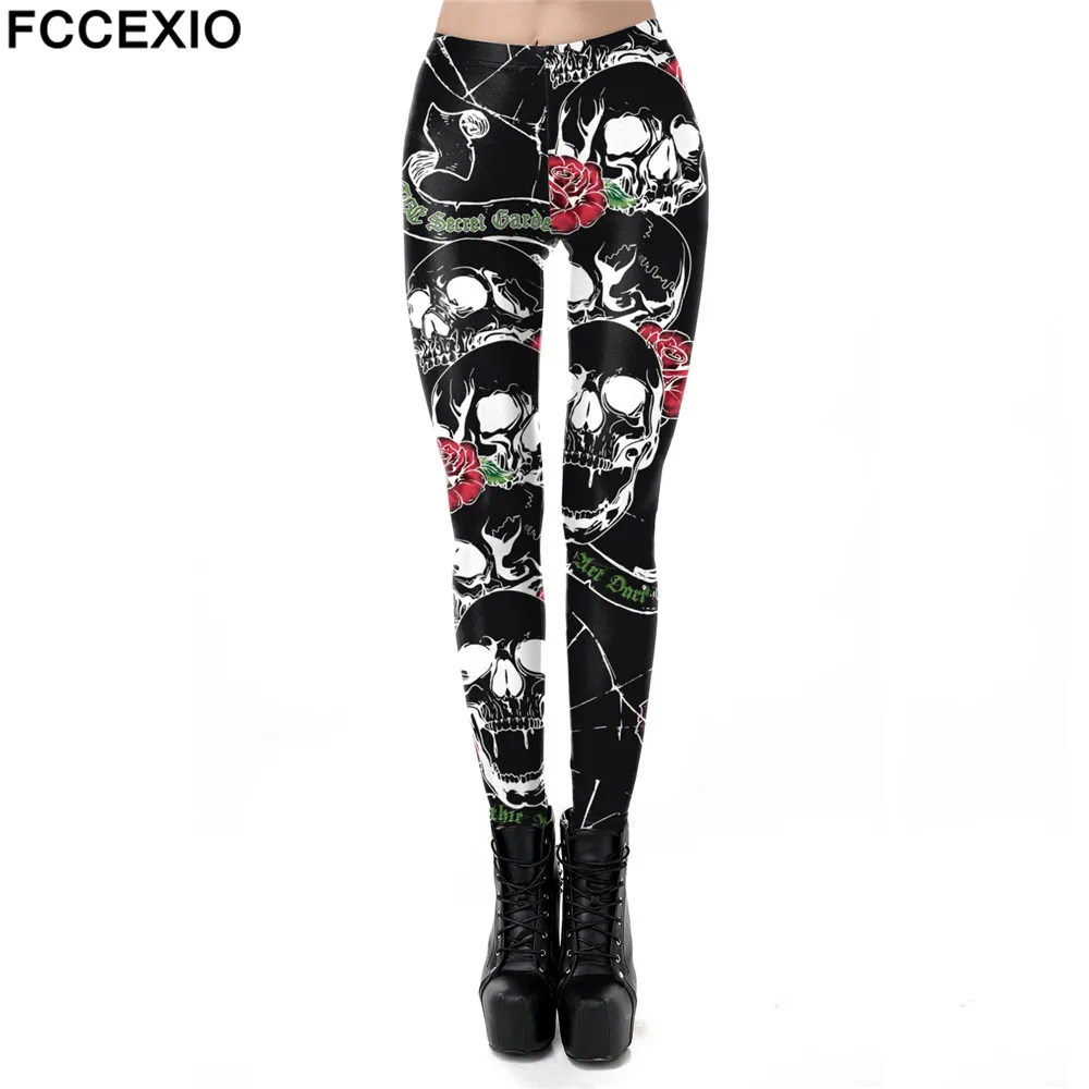 

FCCEXIO Halloween Women Leggings Soft Elastic Workout Push Up Pants Skeleton Print Fitness Leggings 3D Trousers Punk Skull Pants