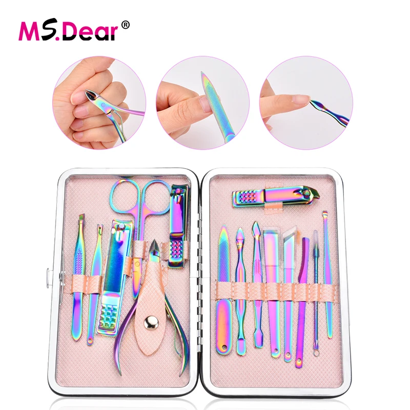 

15pcs/Set Rainbow Stainless Steel Nail Clipper Kit Scissors Tweezer Knife Ear Pick Manicure Set Dead Skin Remove Nail Art Tools