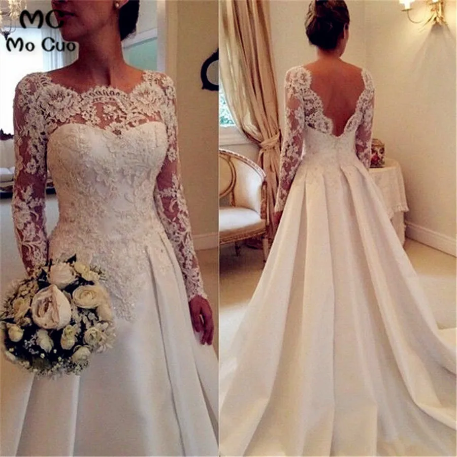 

2016 Muslim Arabic Long Sleeve Wedding Dress Sheer Lace Scoop Backless Women Bridal wedding Dresses