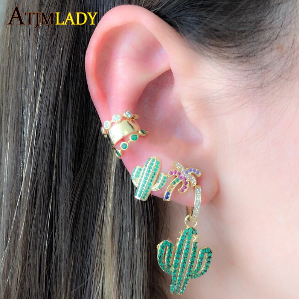 

cactus cz charm hoop huggie earring Gold color clear green sparking cubic zirconia tiny cute cactus charm Gorgeous earrings