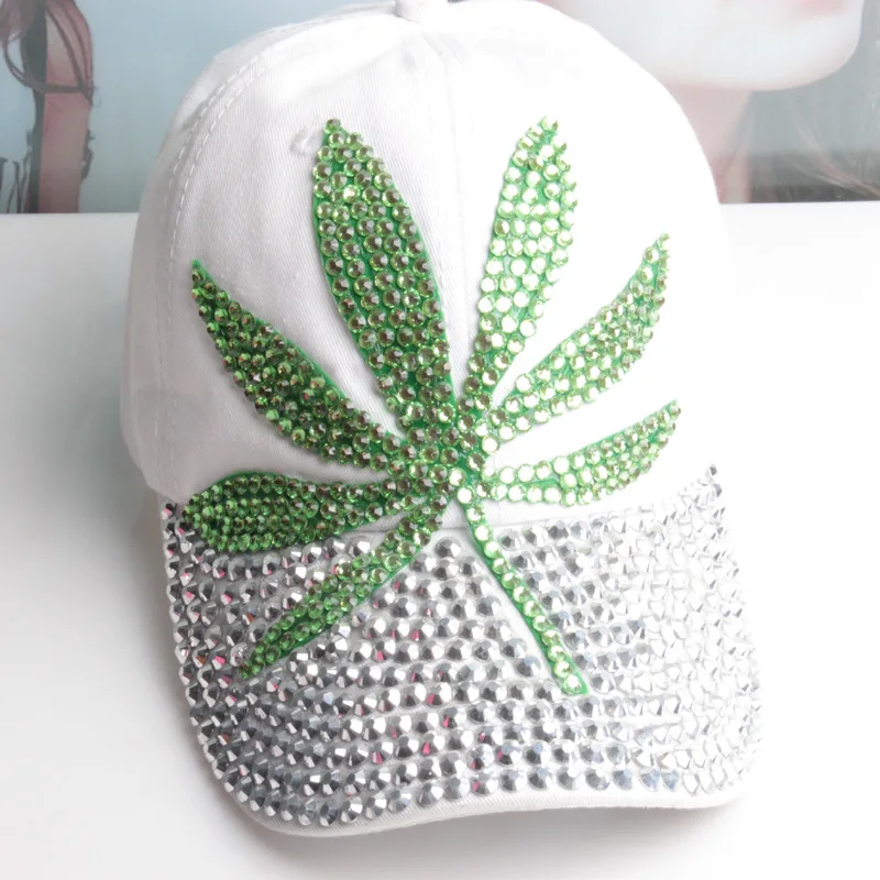 base cap WJ015 US style  women  Unisex  White  Leaf  Diamond Stone Glass Customize Cotton Baseball Caps nike baseball cap womens Baseball Caps