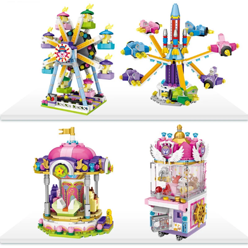 

LWKO Mini Blocks Amusement Park Series Corsair Ferris Wheel Rotary Carousel Doll Machine With Legoe Toys For Children Gift