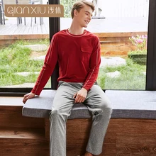 Весна Плюс Размер Мужская Повседневная модная Пижама Наборы Мужской Хлопковый пижамный комплект мужской длинный рукав o-образным вырезом воротник футболка+ брюки