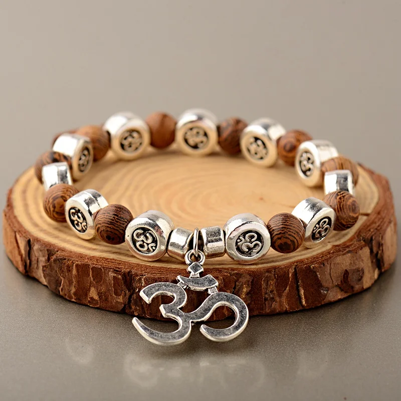 OIQUEI 8mm Natural Wood Buddha Bracelet Men Handmade Charms Sliver OM Beads Yoga Chakra Mala Prayer Bracelet Meditation Jewelry