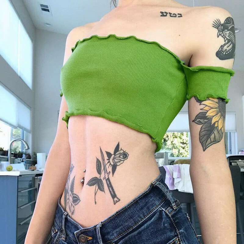 

Womens Off Shoulder Green Cotton Crop Top Short Mini Sleeveless Casual Sexy Night Club Vest Tank Top