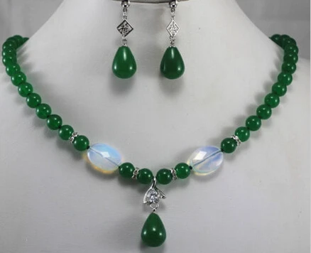 

Hot sell -@> Jewelry 001496 New Design 8mm Green Dangle Jade/Crystal Earring Necklace Pendant Jewelry Set Natural jewelry -Top q