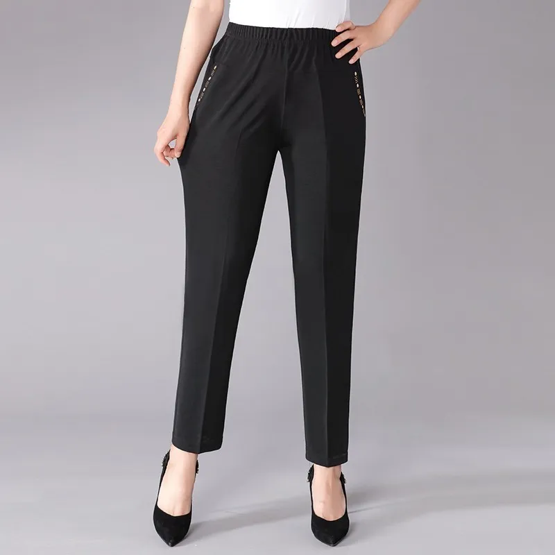 

Summer Autumn Middl Aged Women Elastic Waist Casual Solid Color Straight Pants Female Trousers Plus Size Clothing