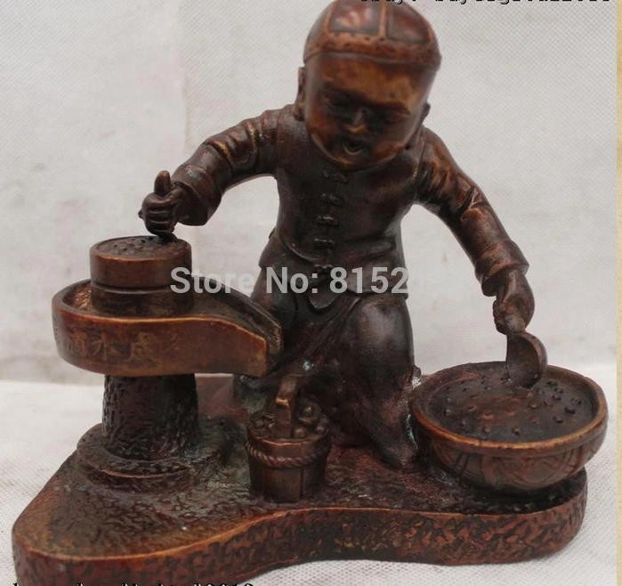 

bi0011800 7"China Chinese Folk Bronze traditional Boy handwork Grinding Tofu Statue