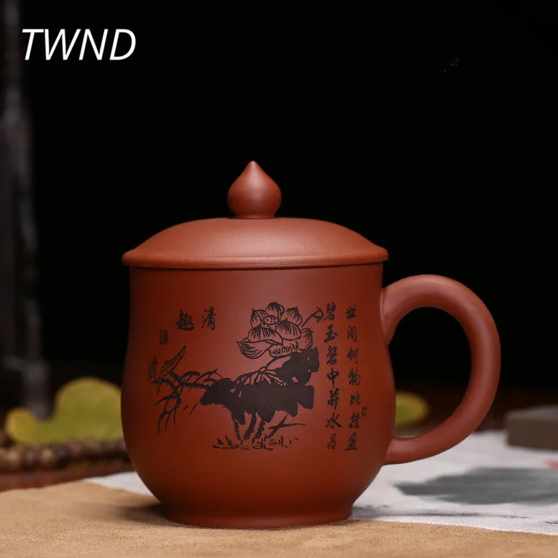 

400CC yixing tea cups with cover set chinese tea mugs ore purple clay sand handpainted lotus drinkware 16.2