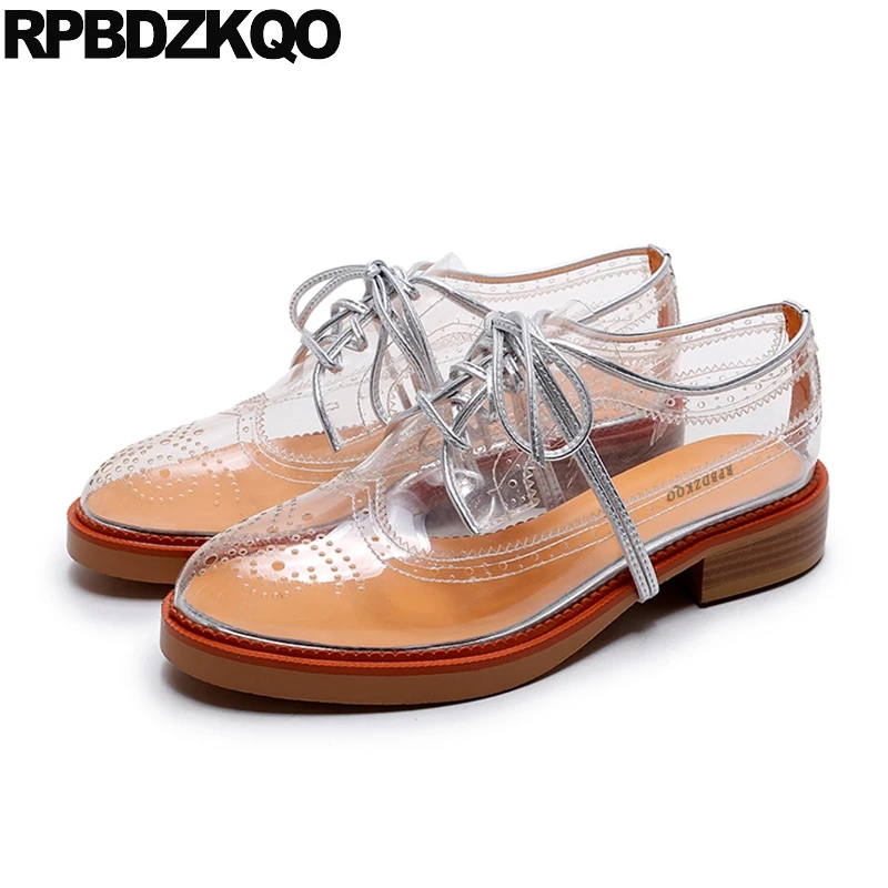 Designer Shoes Women Luxury 2017 Transparent White Oxfords Brogue Lace Up Round Toe Platform Flats Ladies