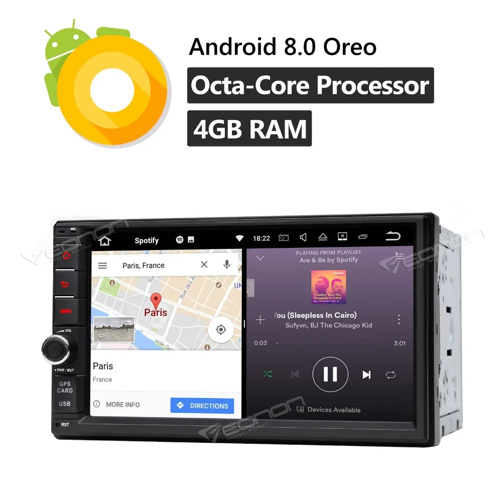 EONON 2 Din 7'' Android 8.0 Octa Core 4G RAM Universal Car Radio Stereo Player GPS Navigation Bluetooth FM WIFI USB NO DVD