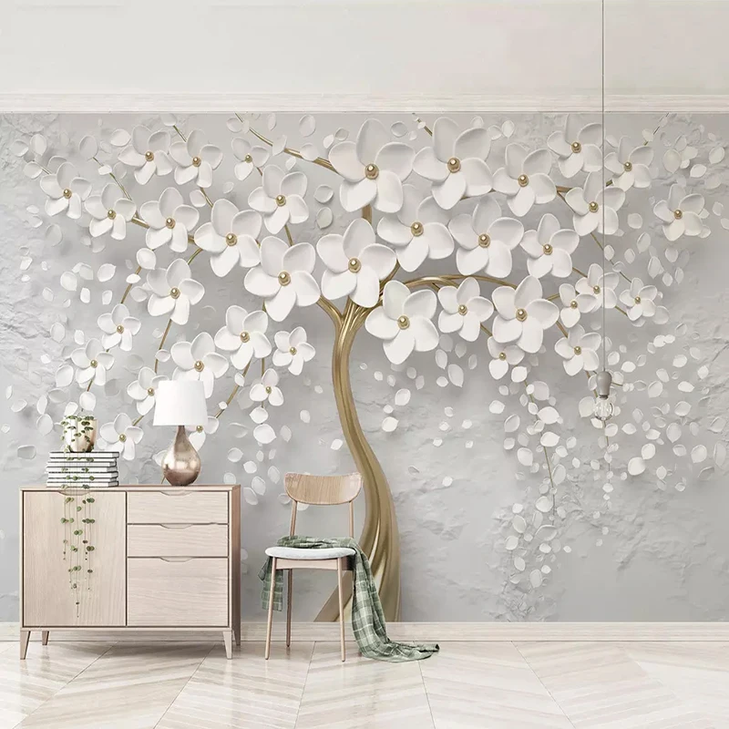 Custom 3D Photo Wallpaper para Home Decor, Murais de papel de parede, flores brancas, árvore, sala, sofá, TV, quarto, plano de fundo, pintura de parede, fresco