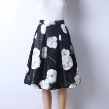 2016 Autumn New Women Fashion Satin Fabric White Flower Printed Middle Knee-Length Skirts Ladies Ball Gown Pettiskirt