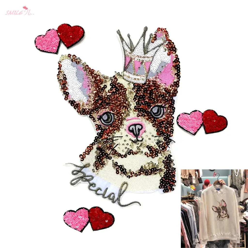 

3D Lace embroidery patches Sequins LACE decals crown dog patch Applique for DIY Wedding dress size 1order=1set