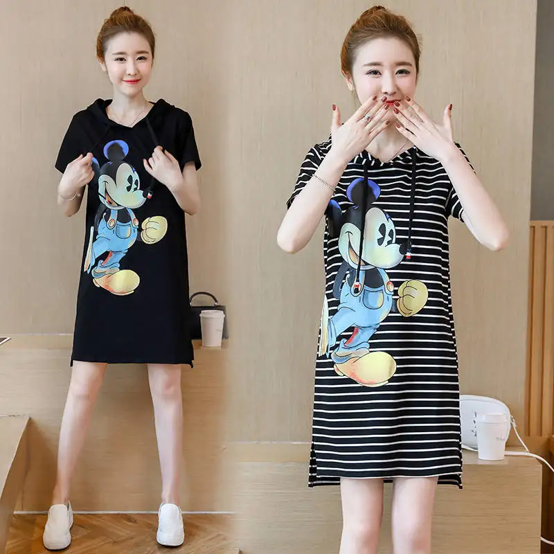 

Short Sleeve Mickey Print T shirt Women 2019 Summer Fashion Casual Hooded Tee shirt Femme Striped Color Feminina Amine T Shirt
