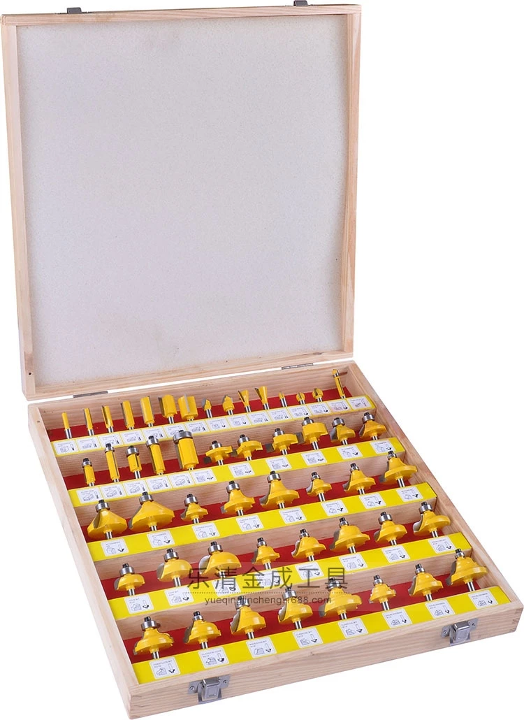 50PCS 6.35mm Shank Tungsten Carbide Router Bit Set Wood Woodworking Cutter Trimming Knife Forming Milling w/ Wood Case box