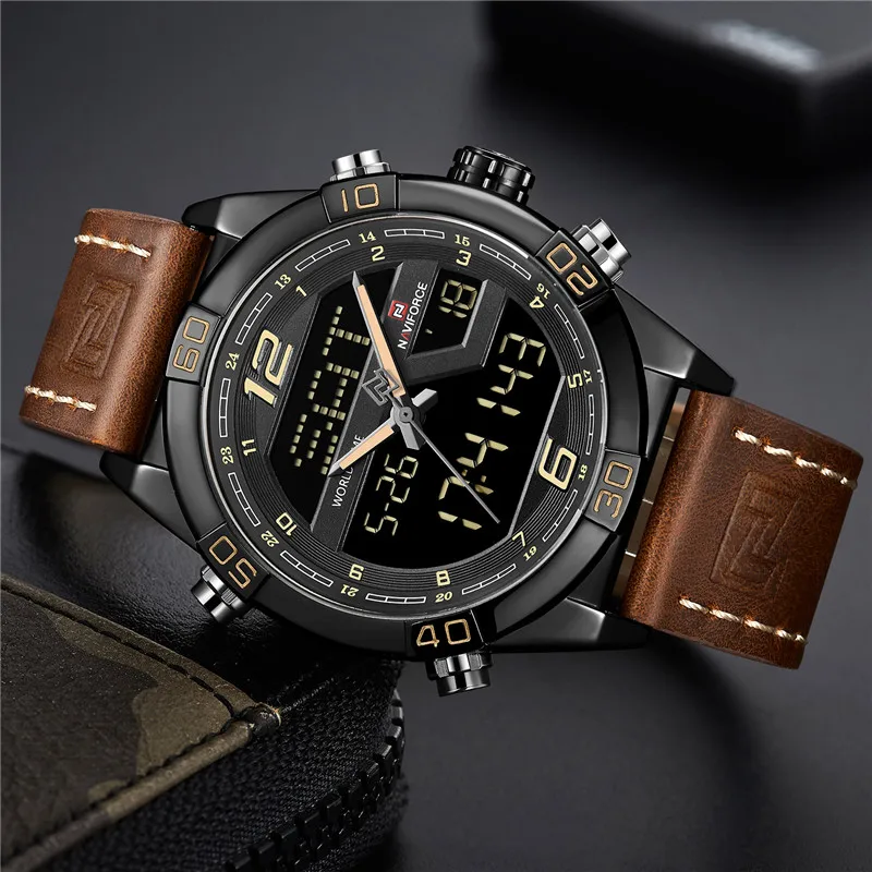 Мужские часы от роскошного бренда, мужские кожаные спортивные часы NAVIFORCE, кварцевые светодиодный цифровые часы, водонепроницаемые военные наручные часы 9134