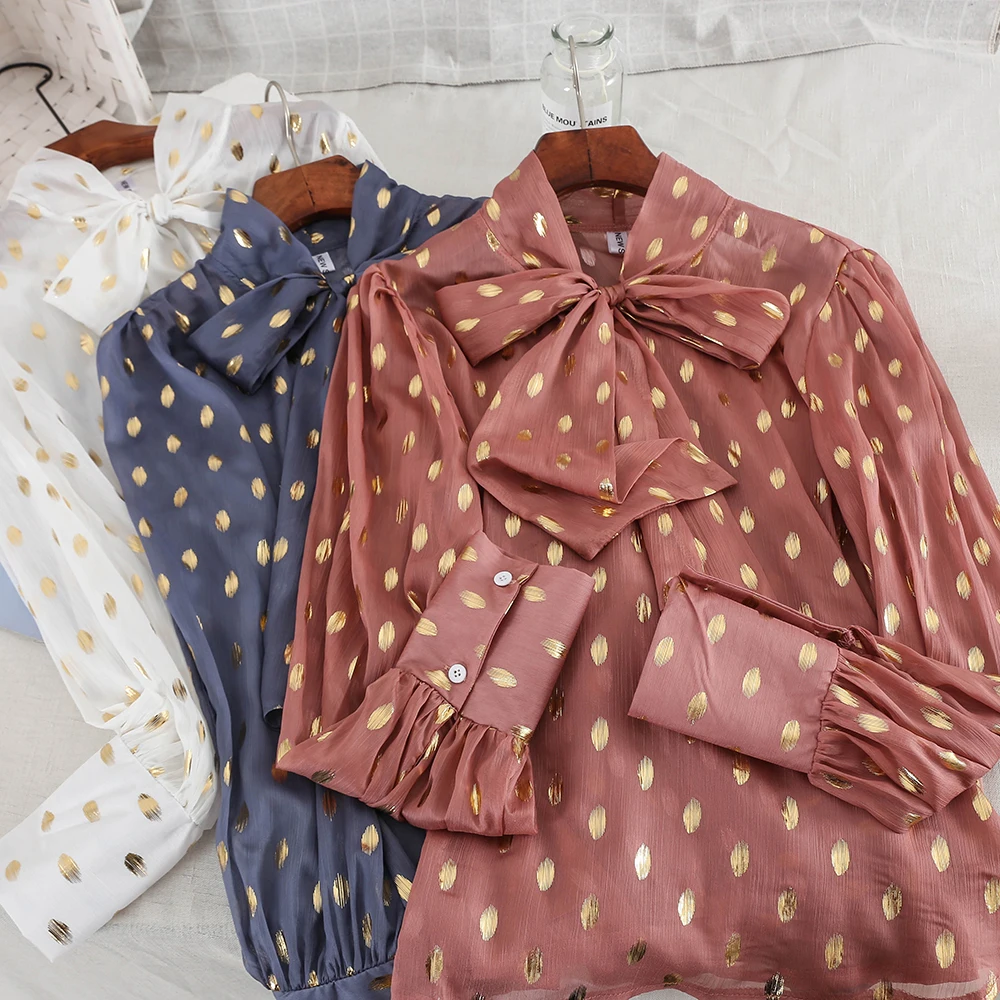 

Spring New Women Long Sleeves Print Polka Dot Bowknot Neck Blouse Shirt Ladies Urban Single-breasted Tops Blouse Suits