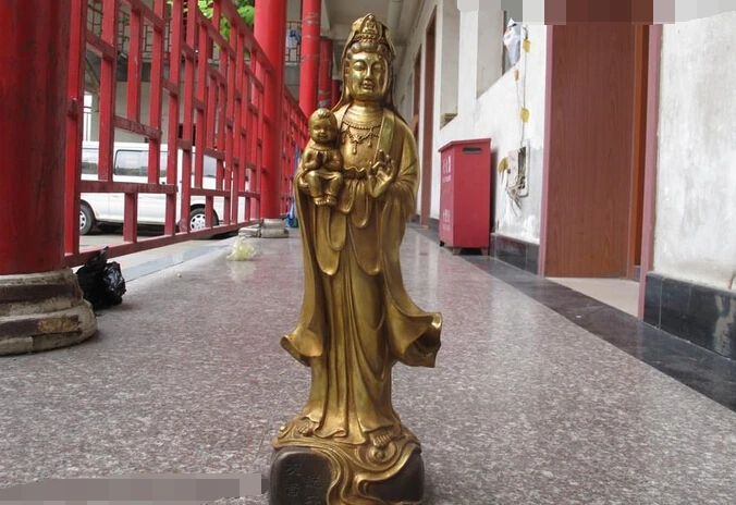 

wholesale factory 17"China Buddhism Bronze Kwan-yin Sending Children Kid Boy Bodhisattva Statue