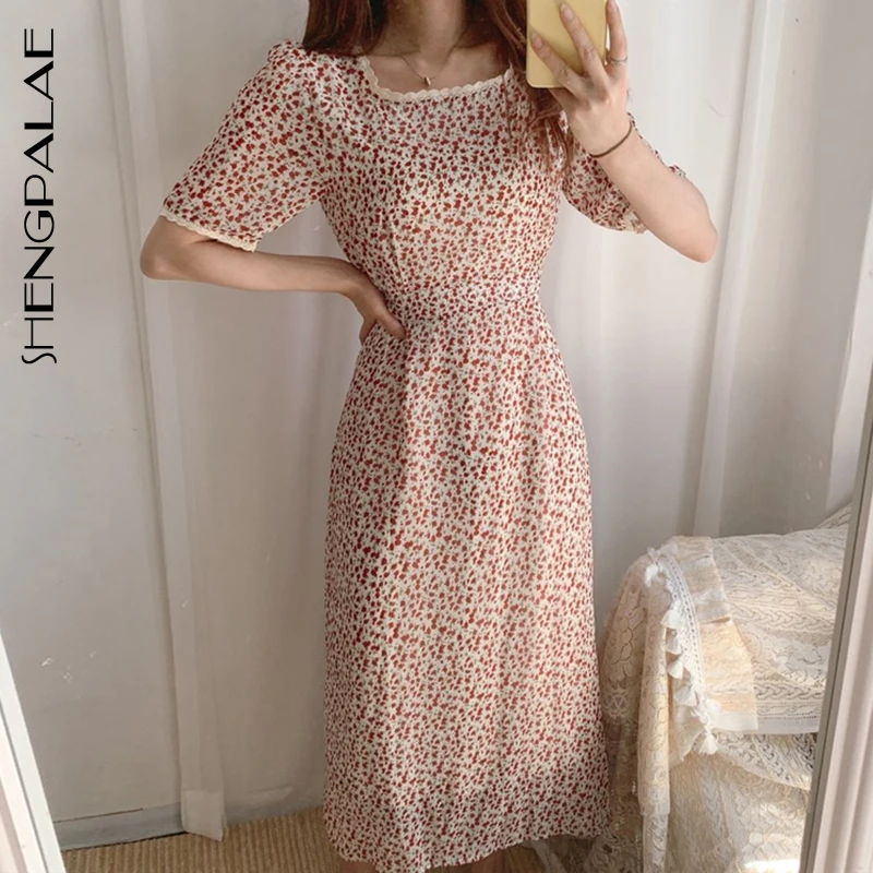 

SHENGPALAE 2019 New Summer Spring Flower Printing Short Sleeve Square Collar Split Joint Lace Korean Fashion Women Dress FQ144